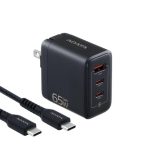 CARGADOR 65W NEGRO - 2 PUERTOS USB TYPE C- 1 PUERTO USB TYPE A + CABLE 2METROS TYPE C