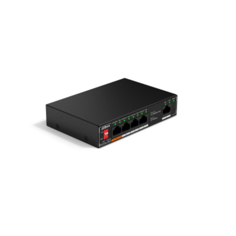 DH-SF1005P Switch Dahua PoE 5 puertos 10/100, NO ADMINISTRABLE / 4 puertos PoE, Admite los estándares 802.3af y 802.3at, Admite transmisión PoE de larga distancia de 250 m, Función de PoE watchdog, PoE inteligente, Hi-PoE 60W (puerto naranja) - Imagen 1