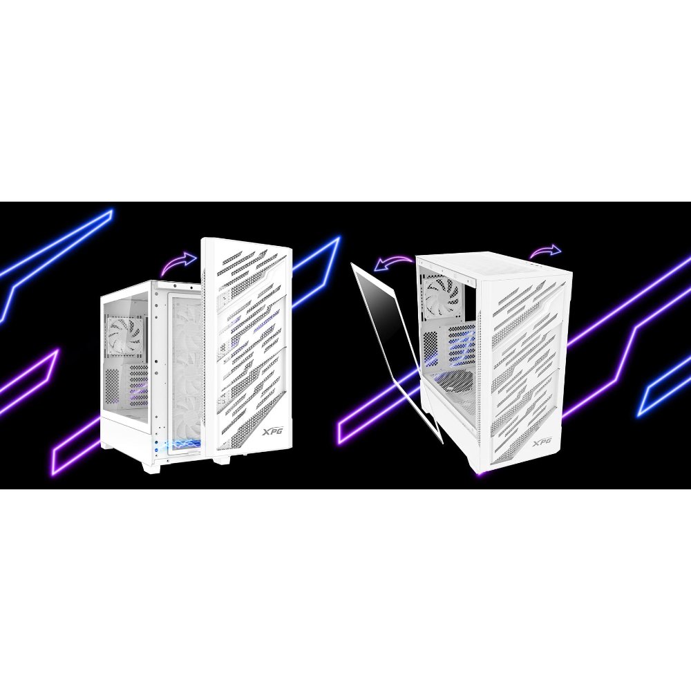 STARKERAIRBTFMTA-WHCWW XPG STARKER AIR BTF, Blanco, soporta placas base con diseño de conector inverso, Torre Media ATX, 2.5'' y 3.5'' pulgadas x2, I/O: USB-C x1, USB-A x2, Audio HD x1, control LED x1, Reinicio x1, Poder x1, Ventilador ARGB: 4 x Ventiladores de 120mm (Frontal x3, Trasero x1), Ventilador: (Trasero x1), 2 Años de Garantía - Imagen 1